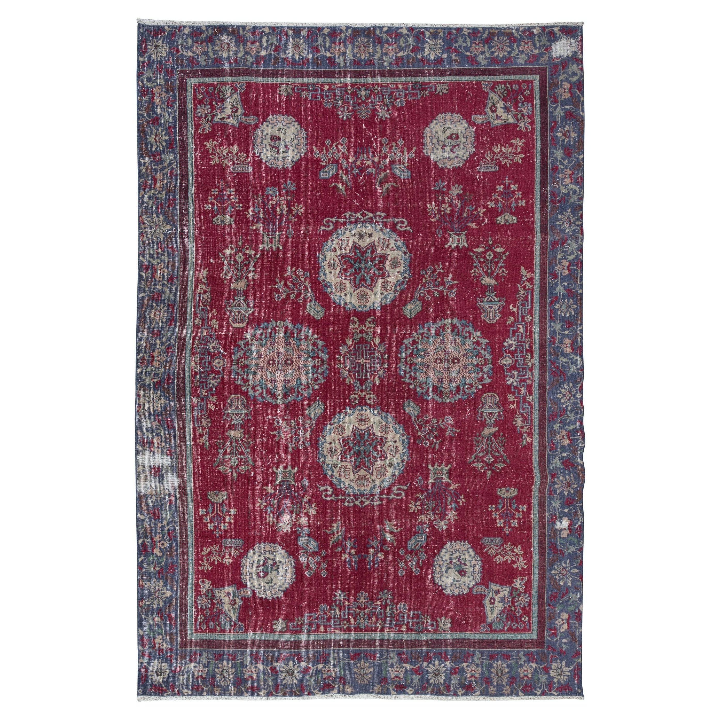 Tappeto orientale turco vintage Shabby Chic di 7x10.5 Ft con effetto distorto di colore rosso