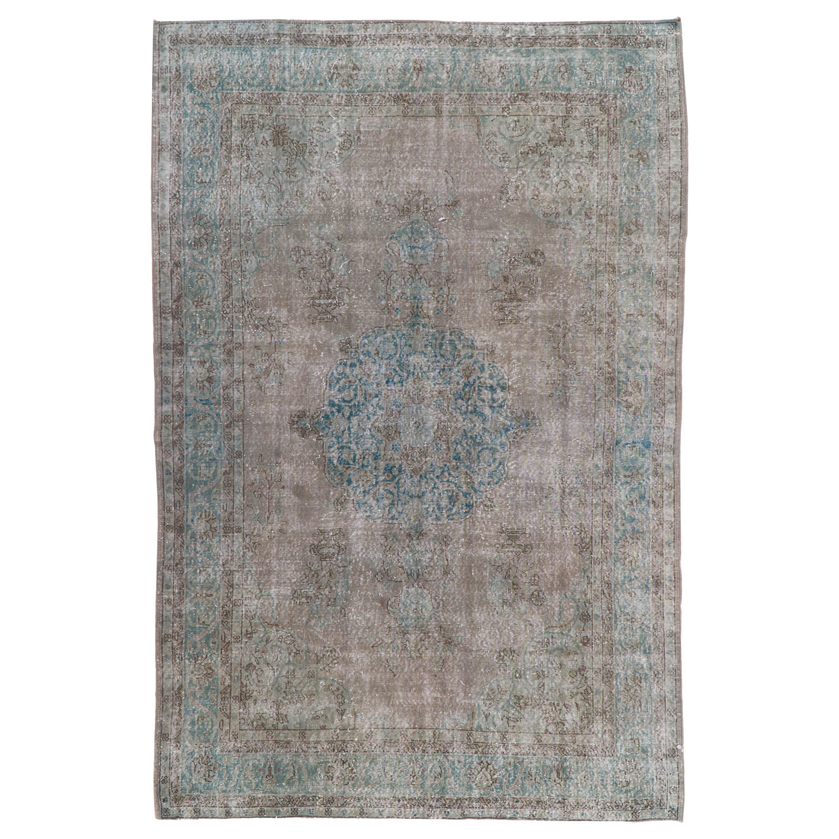 7x10.5 Ft Handmade Vintage Turkish Medallion Wool Rug in Gray, Teal Blue & Brown For Sale