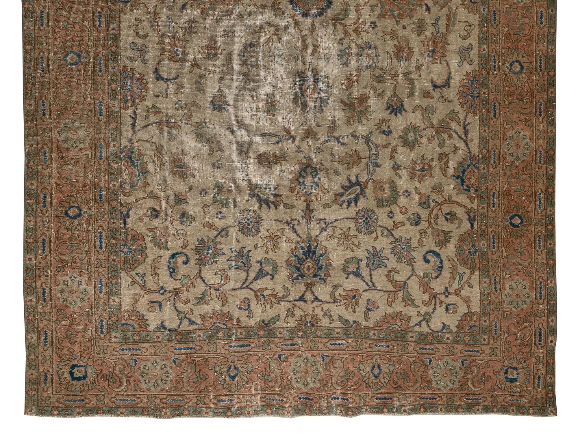Turkish 7x10.5 Ft Midcentury Handmade Oushak Area Rug in Beige with Floral Design
