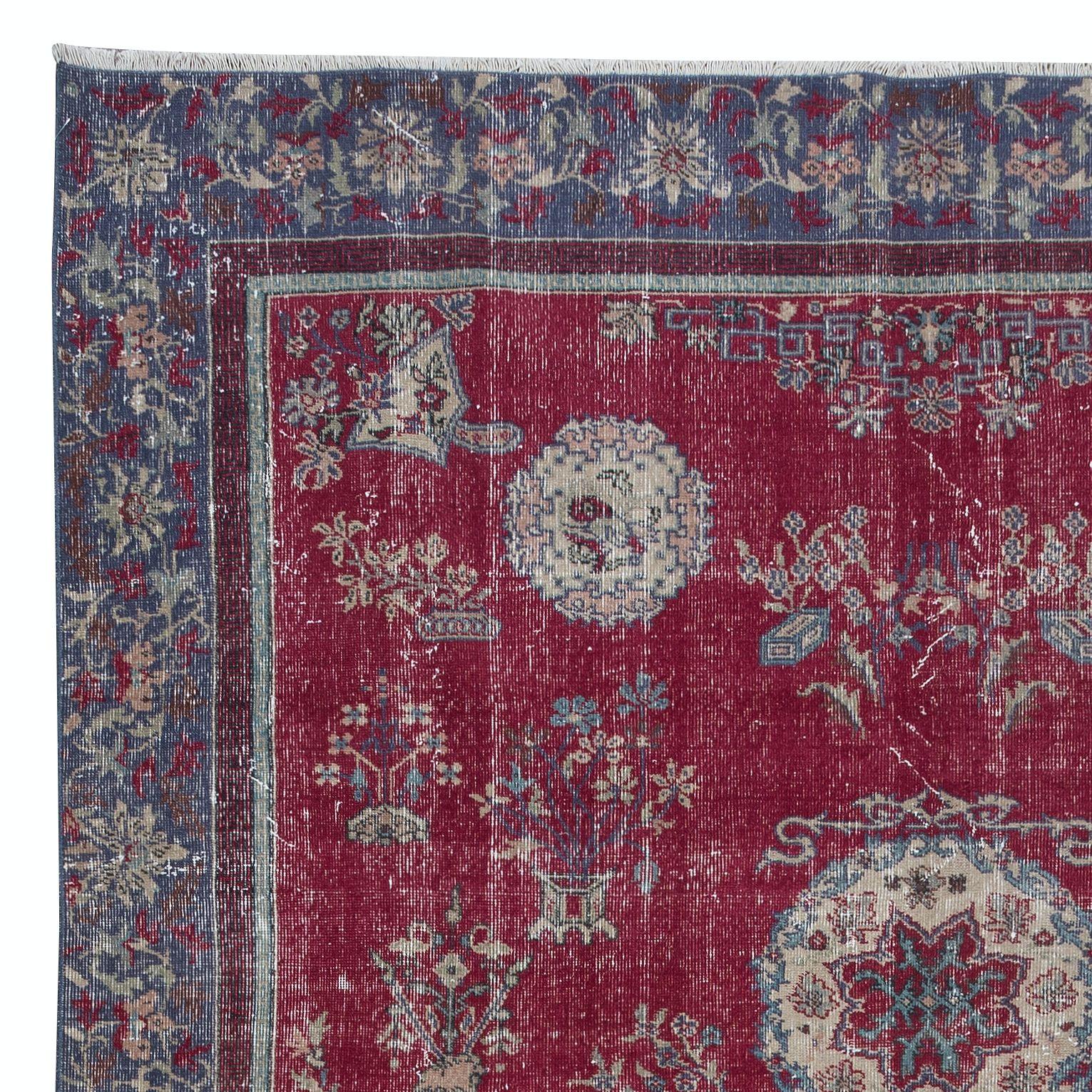 Hand-Knotted 7x10.5 Ft One of a kind Vintage Handmade Turkish Wool Area Rug in Red For Sale