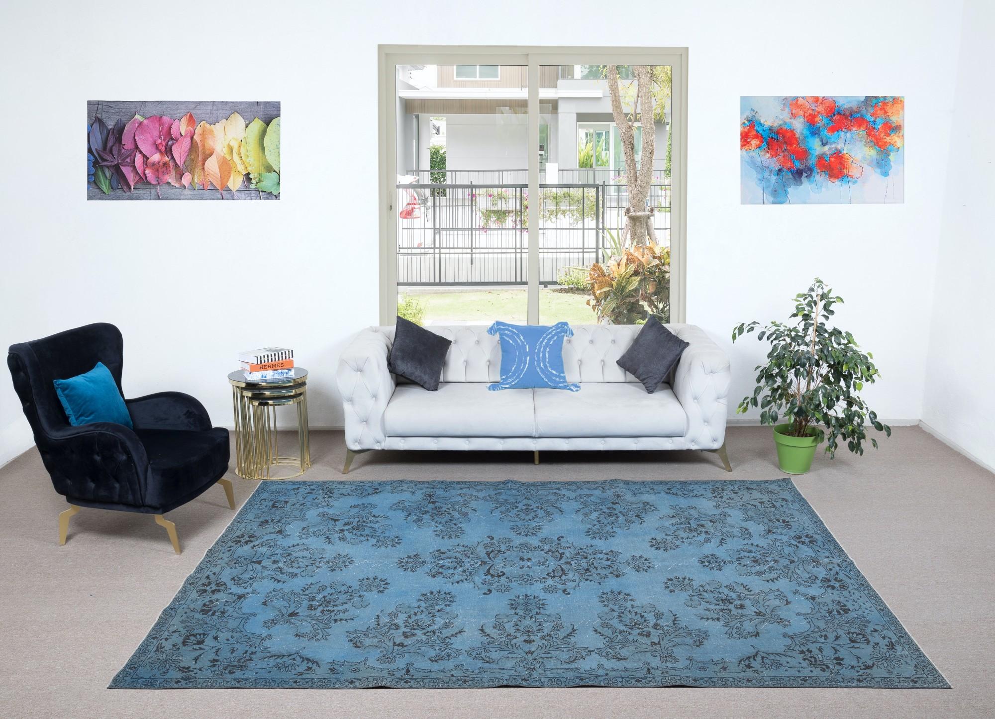 20th Century 7x10.6 Ft Light Blue Modern Area Rug, Handmade Turkish Wool Living Room Carpet For Sale