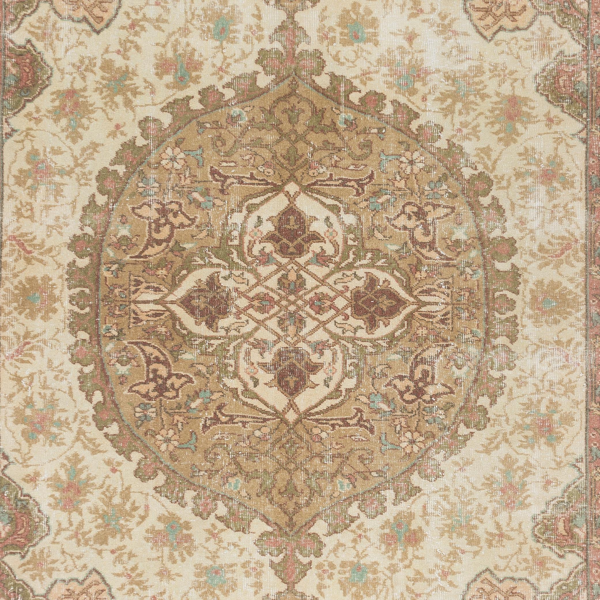 Oushak 7x10.7 Ft Vintage Anatolian Rug with Medallion Design. Handmade Carpet in Beige For Sale