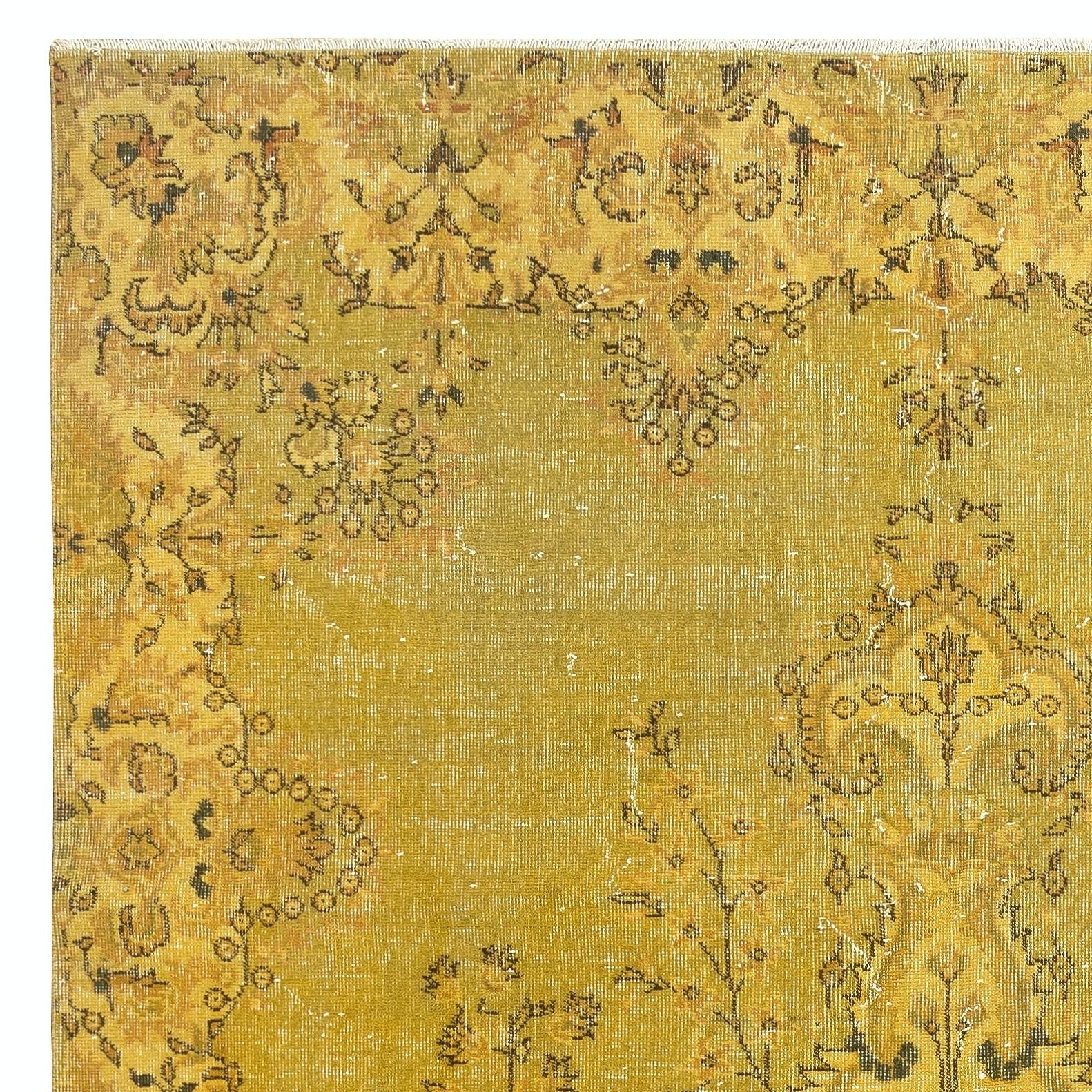 Hand-Knotted 7x10.8 Ft Yellow Hand Knotted Turkish Area Rug. Medallion Design Large Carpet For Sale