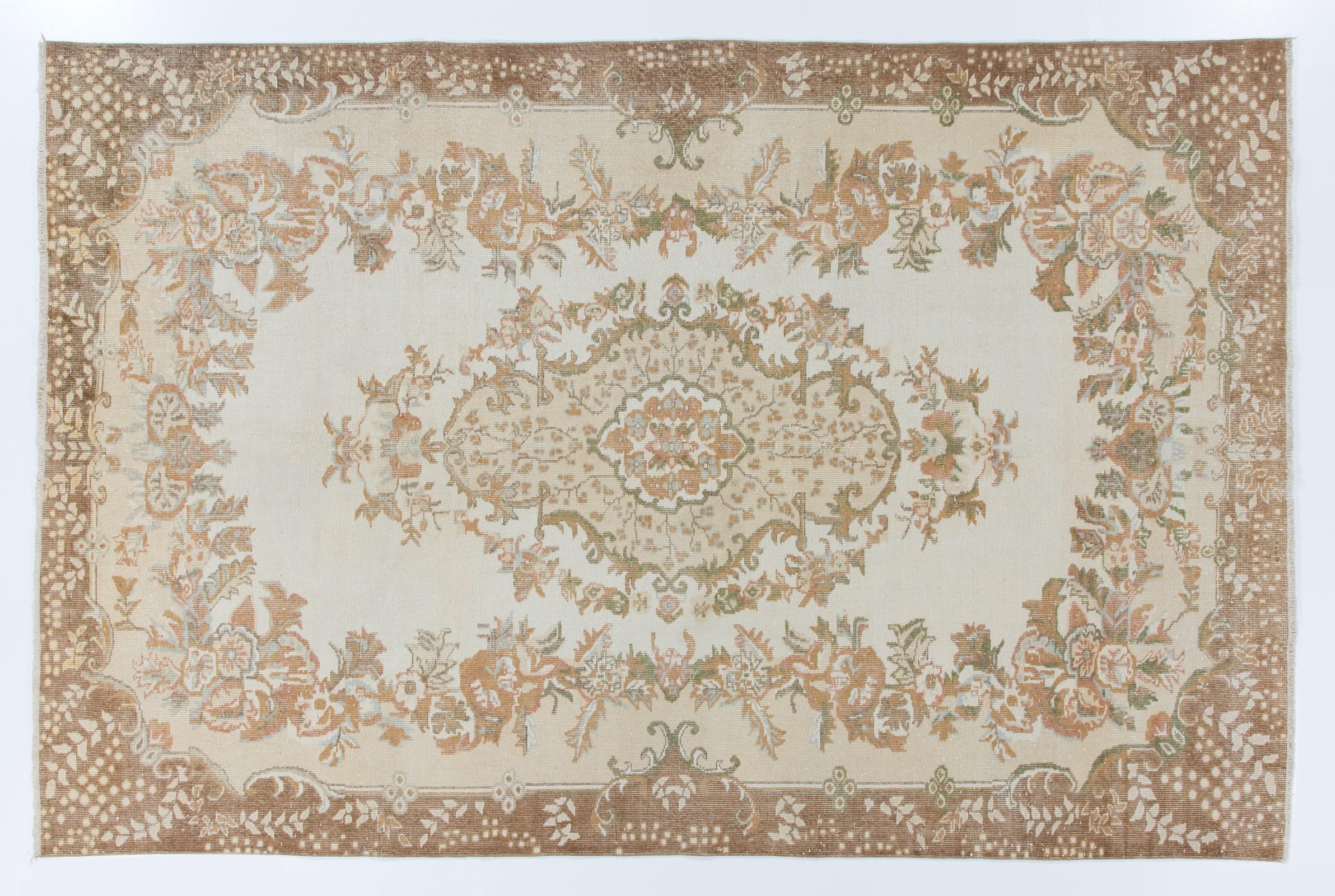 Oushak 7x11 Ft Authentic Hand-Knotted Vintage Turkish Area Rug in Soft Colors For Sale