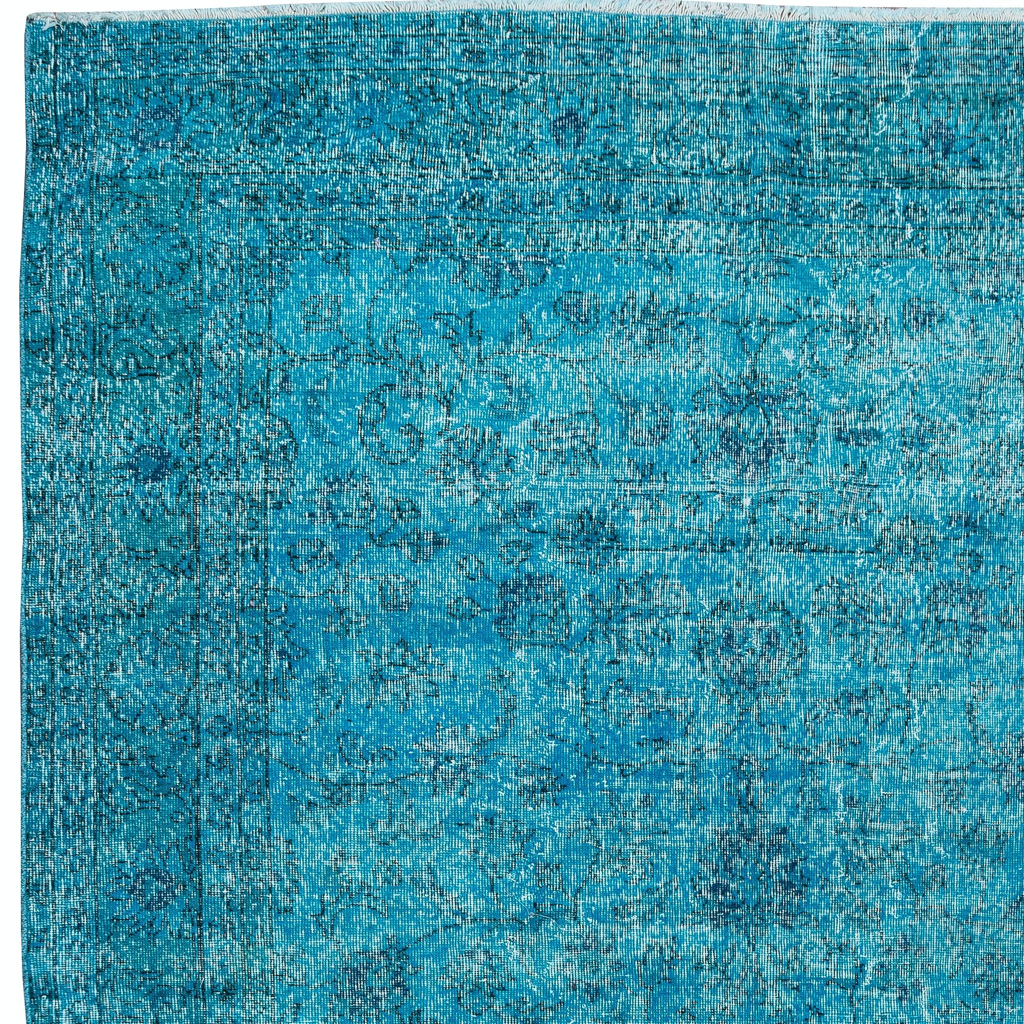 Hand-Knotted 7x11 Ft Handmade Vintage Turkish Area Rug in Teal Blue for Contemporary Interior For Sale