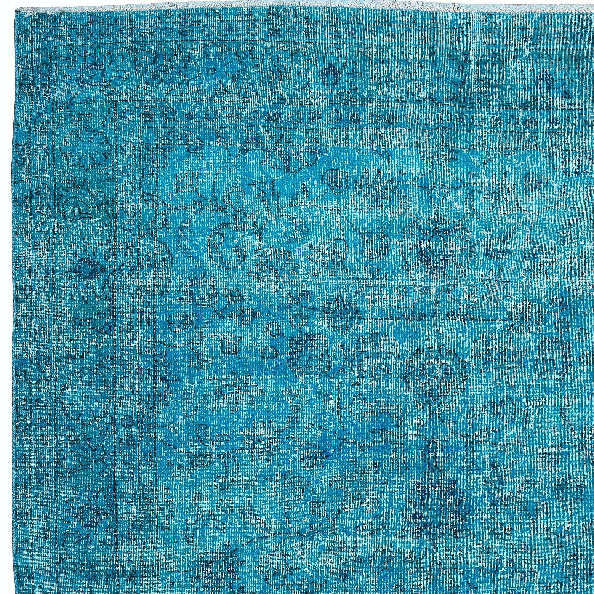 Hand-Woven 7x11 Ft Handmade Vintage Turkish Area Rug in Teal Blue for Contemporary Interior For Sale