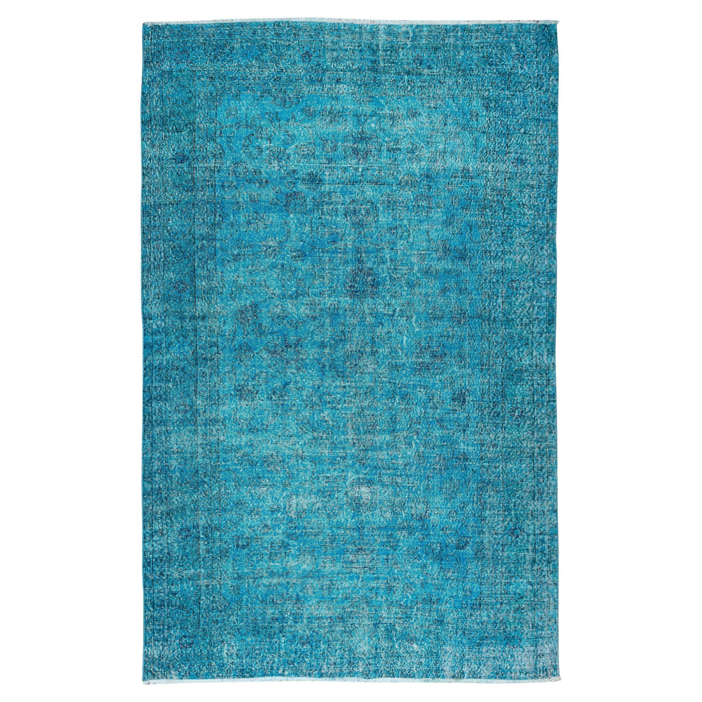 5x7.4 Ft Handmade Vintage Turkish Area Rug OverDyed in Teal 4 Modern