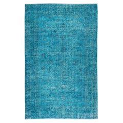 7x11 Ft Handmade Vintage Turkish Area Rug in Teal Blue for Modern Interiors