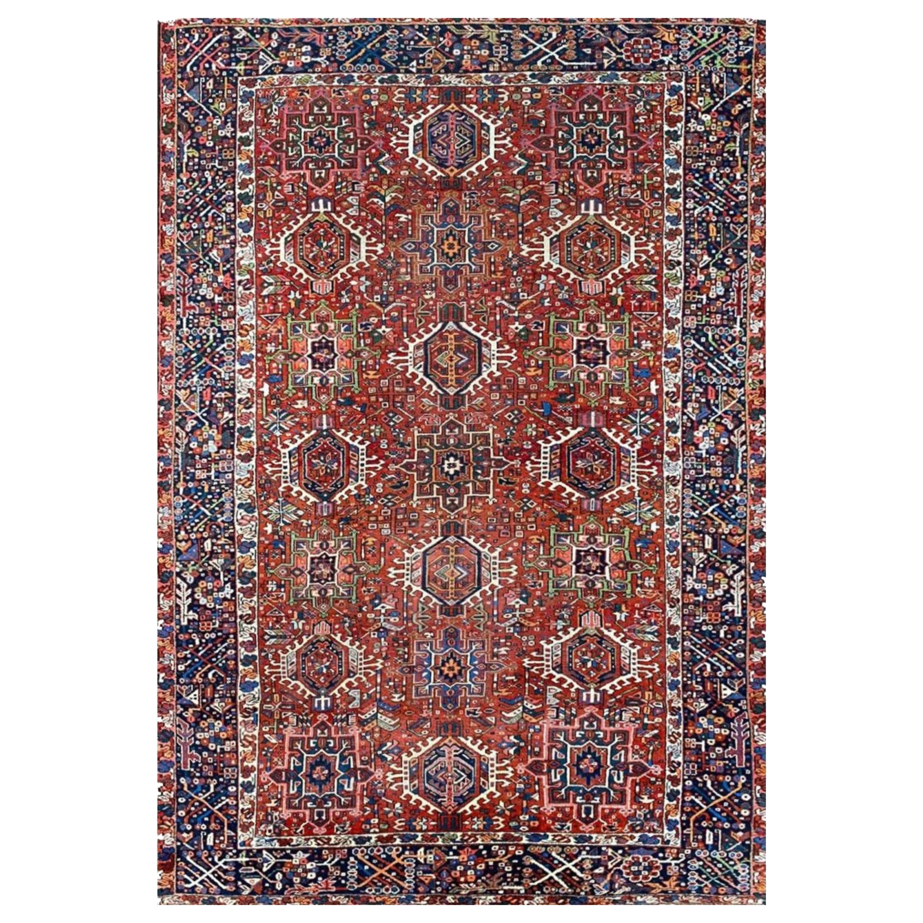 7x11 Tapis en laine ancienne Heriz noué à la main - Design tribal géométrique en vente