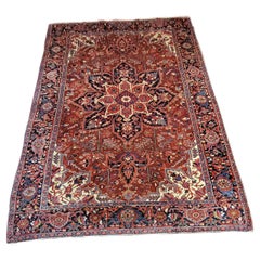 7'x11' Vintage Heriz - Persian Serapi Rug - Rust / Cream / Blue