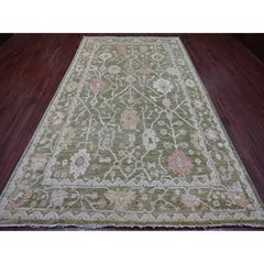 7'x11'10" Green Afghan Angora Oushak with Leaf Design Hand Knotted Pure Wool Rug