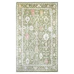 7'x11'10" Green Afghan Angora Oushak with Leaf Design Hand Knotted Pure Wool Rug