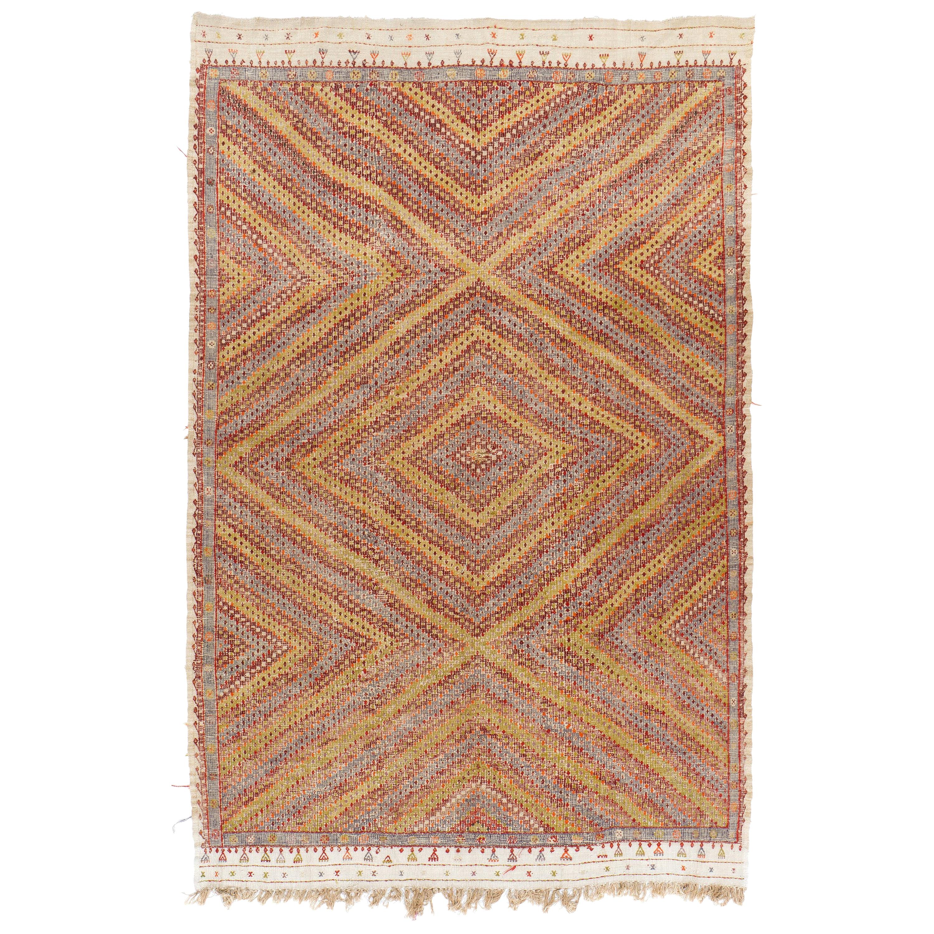 7x11.4 Ft Vintage Handgewebter Jijim-Kilim-Teppich. Türkischer Bodenbelag aus den 1950er Jahren 