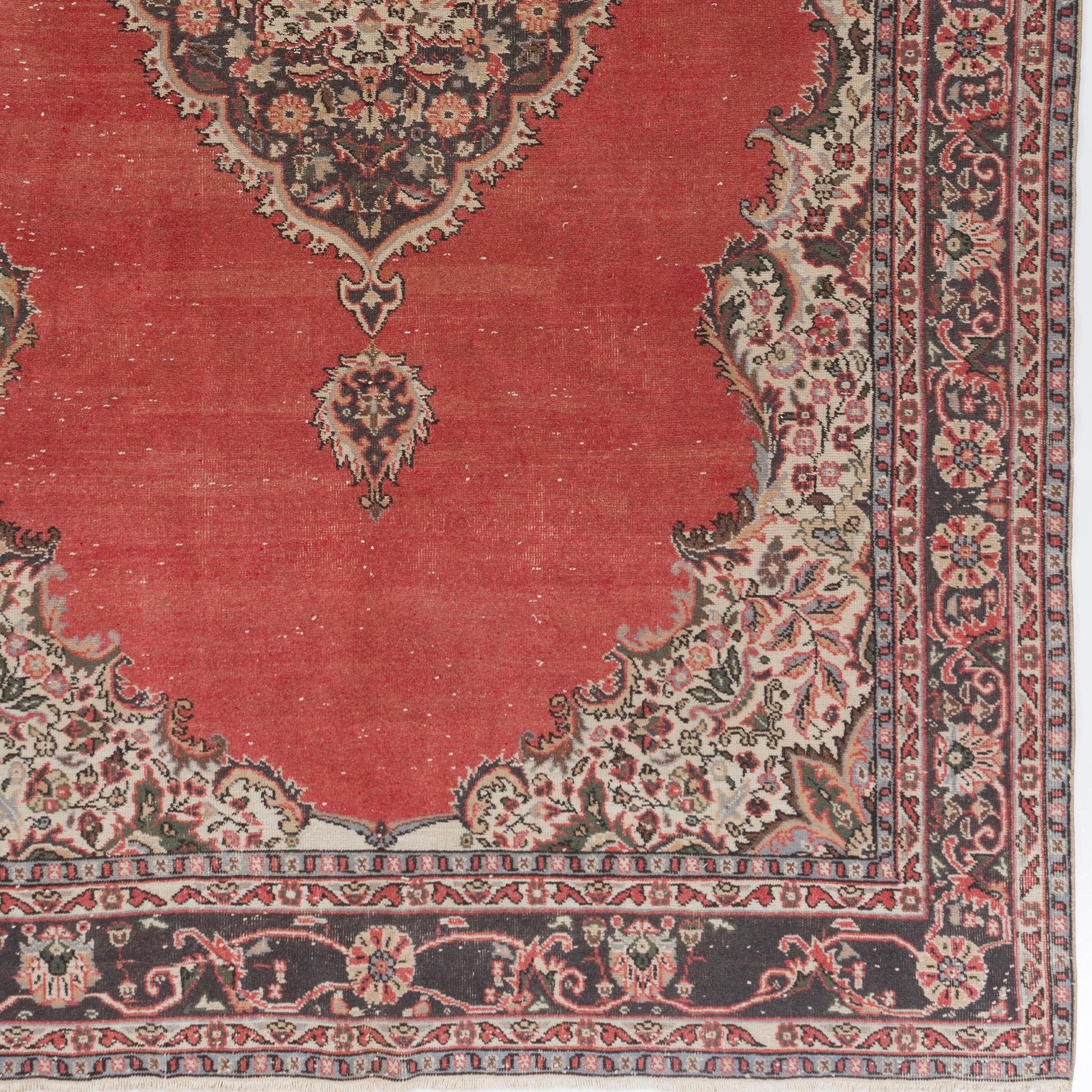 Hand-Knotted 7x11.6 Ft Vintage Handmade Turkish Red Large Area Rug with Medallion Design For Sale