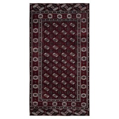 7'x13' Tapis de course en laine vintage Turkoman Afghan Bokara noué à la main, rouge vin