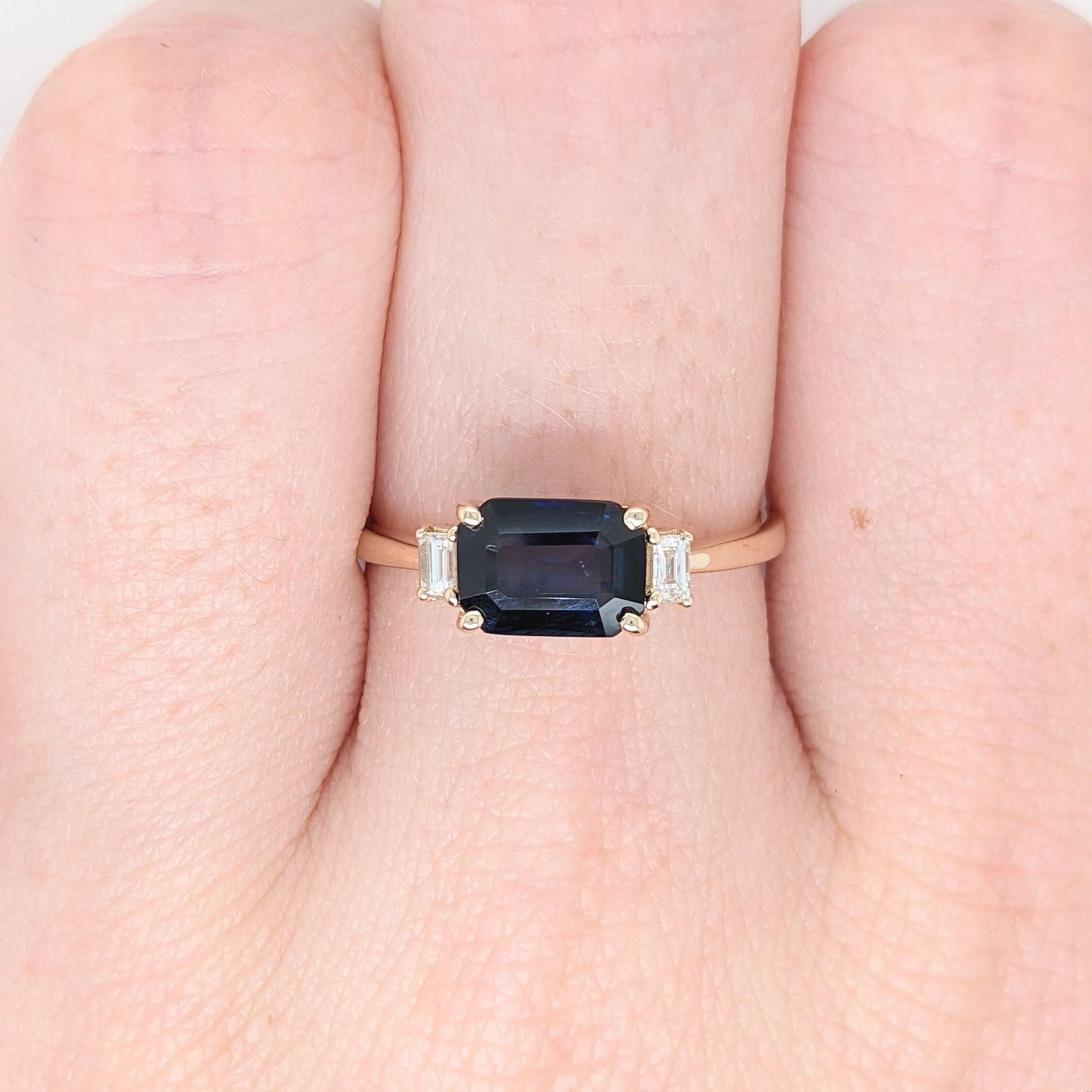 This beautiful east west ring features a 1.39 carat Ceylon sapphire gemstone with natural earth mined baguette diamond accents, all set in solid 14K gold. This ring can be a lovely September birthstone gift for your loved ones!

**We offer