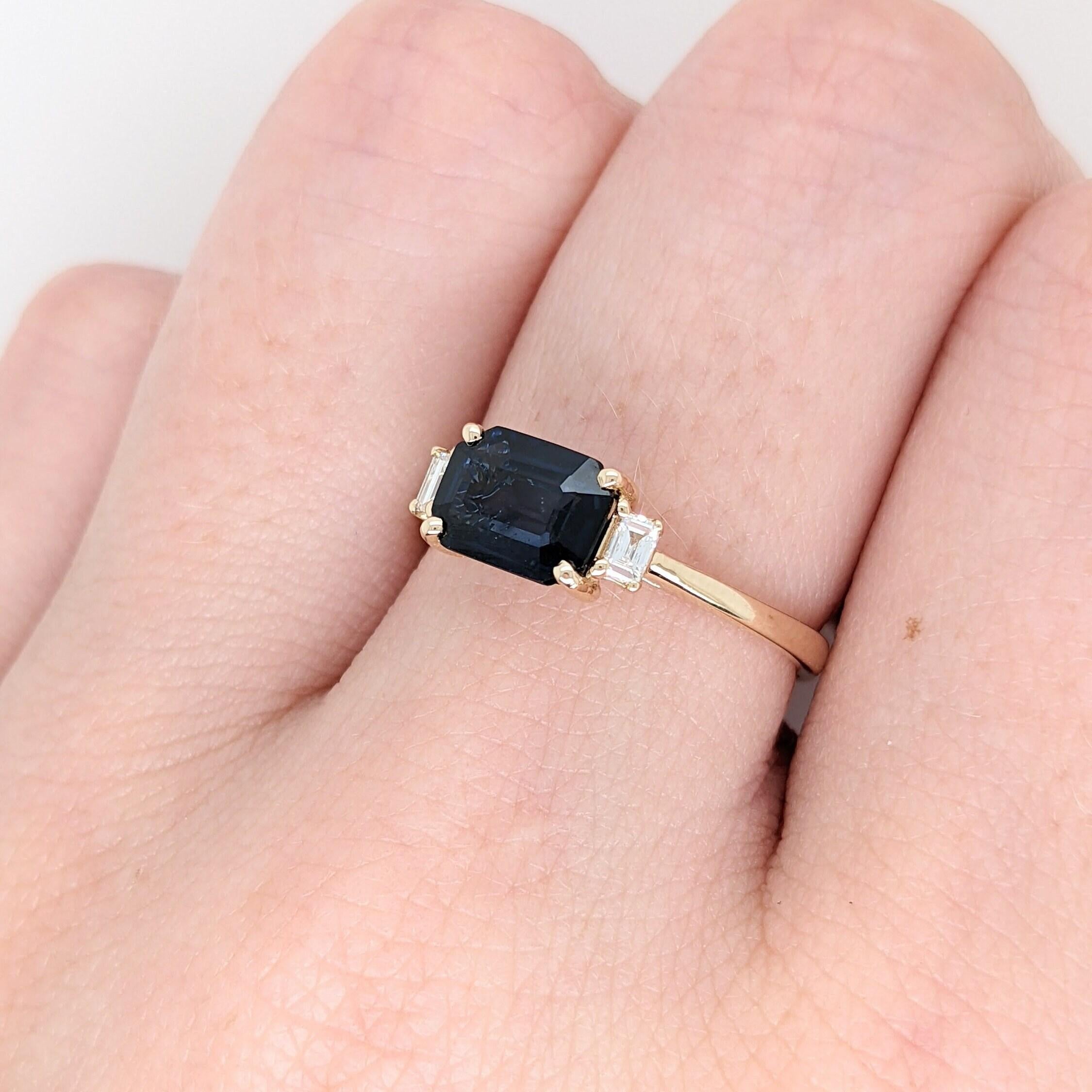 Modern 7x5mm, 1.3cts East West Sapphire Ring w Earth Mined Diamonds in Solid 14K Gold For Sale