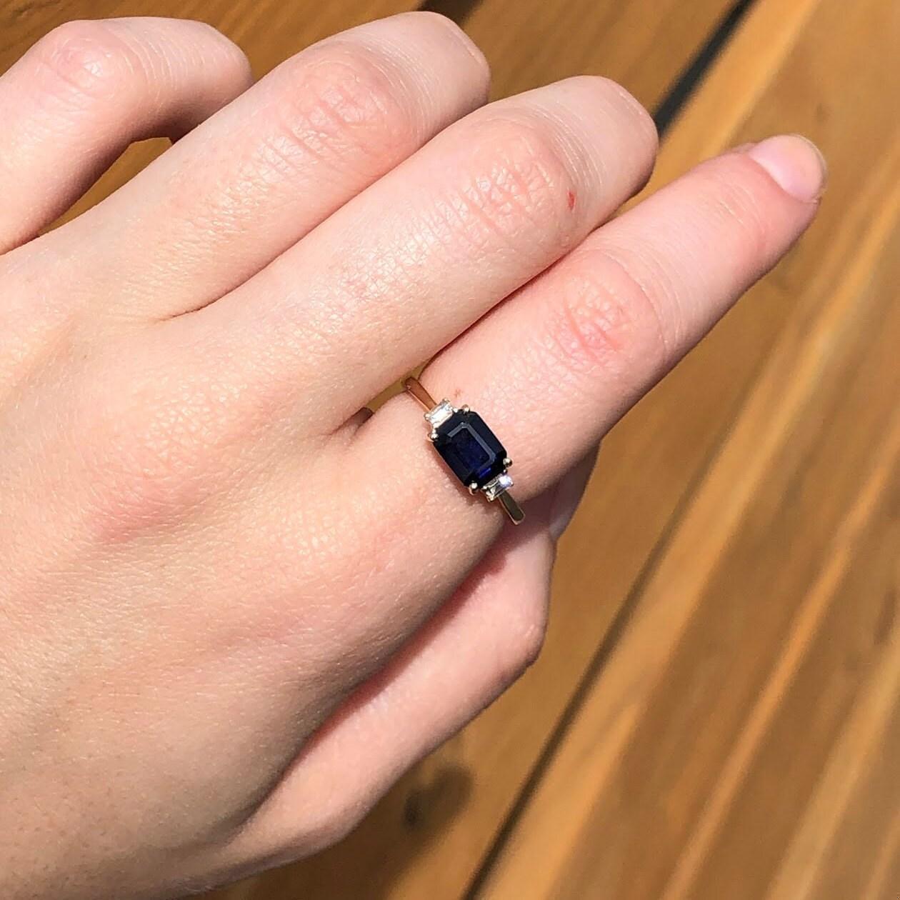 Emerald Cut 7x5mm, 1.3cts East West Sapphire Ring w Earth Mined Diamonds in Solid 14K Gold For Sale