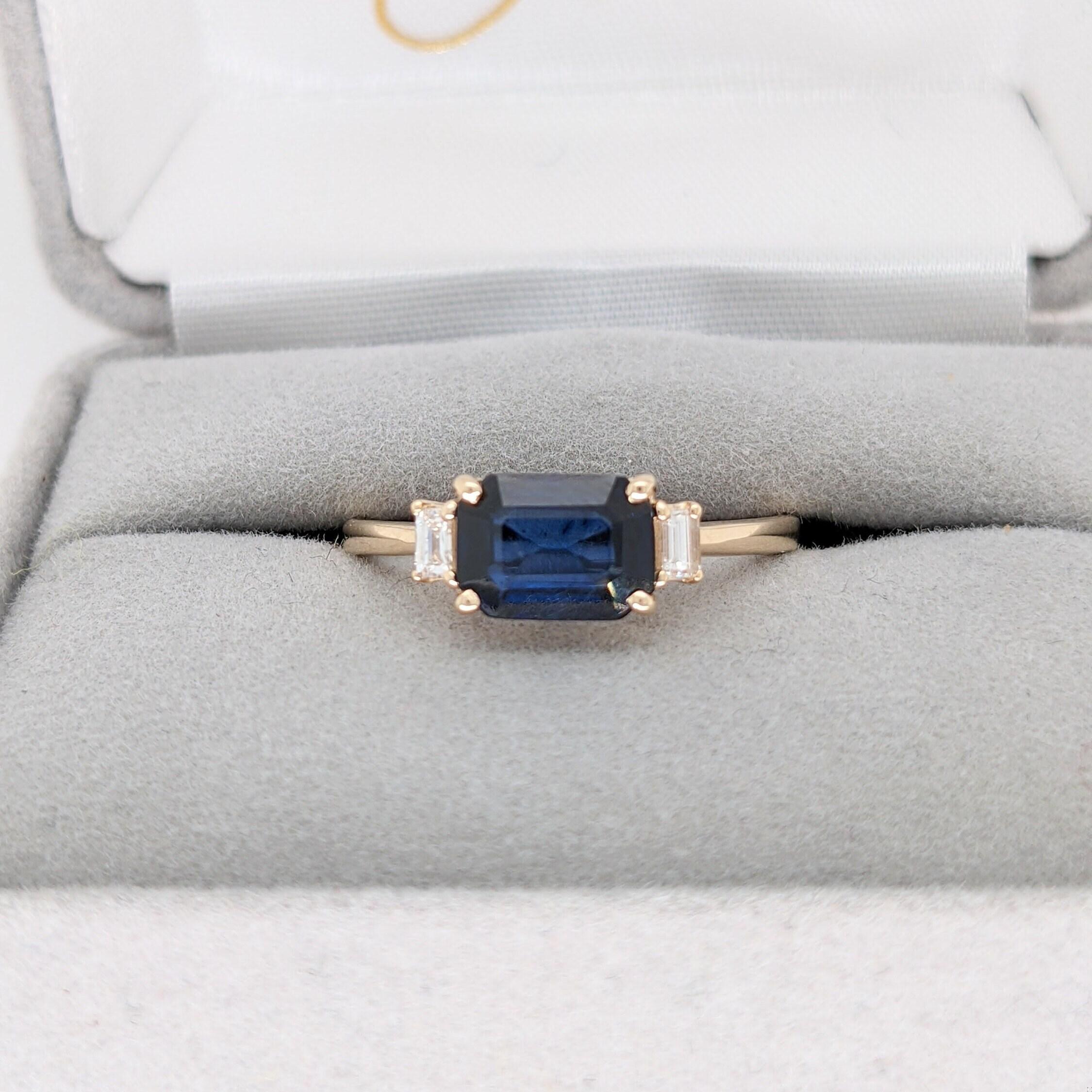7x5mm, 1.3cts East West Sapphire Ring w Earth Mined Diamonds in Solid 14K Gold For Sale 1