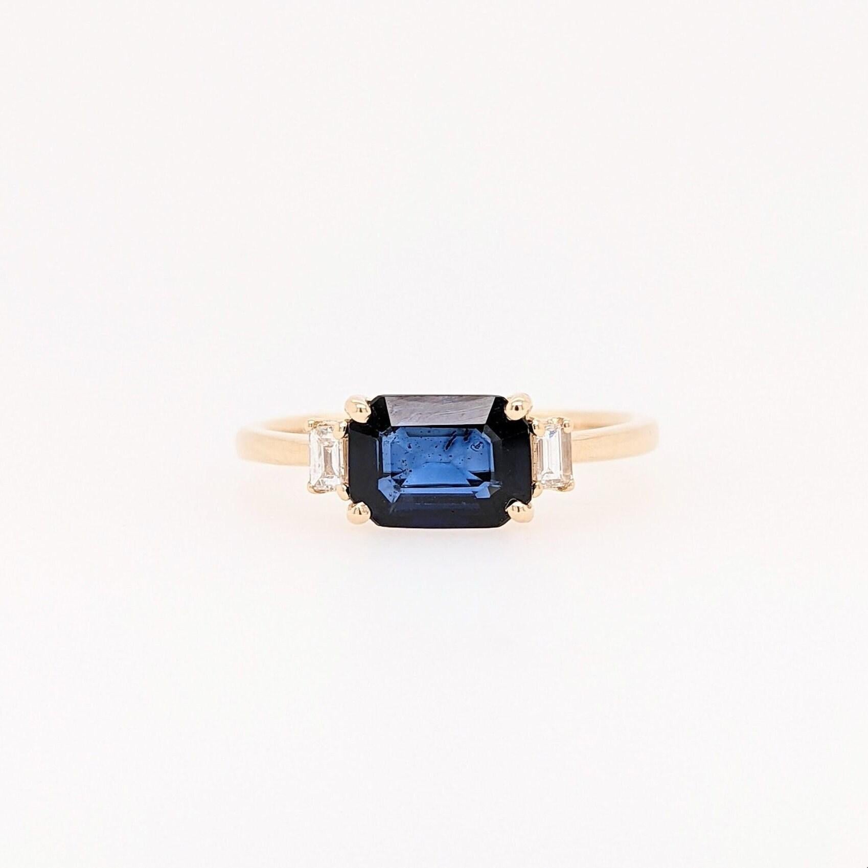 7x5mm, 1.3cts East West Sapphire Ring w Earth Mined Diamonds in Solid 14K Gold For Sale