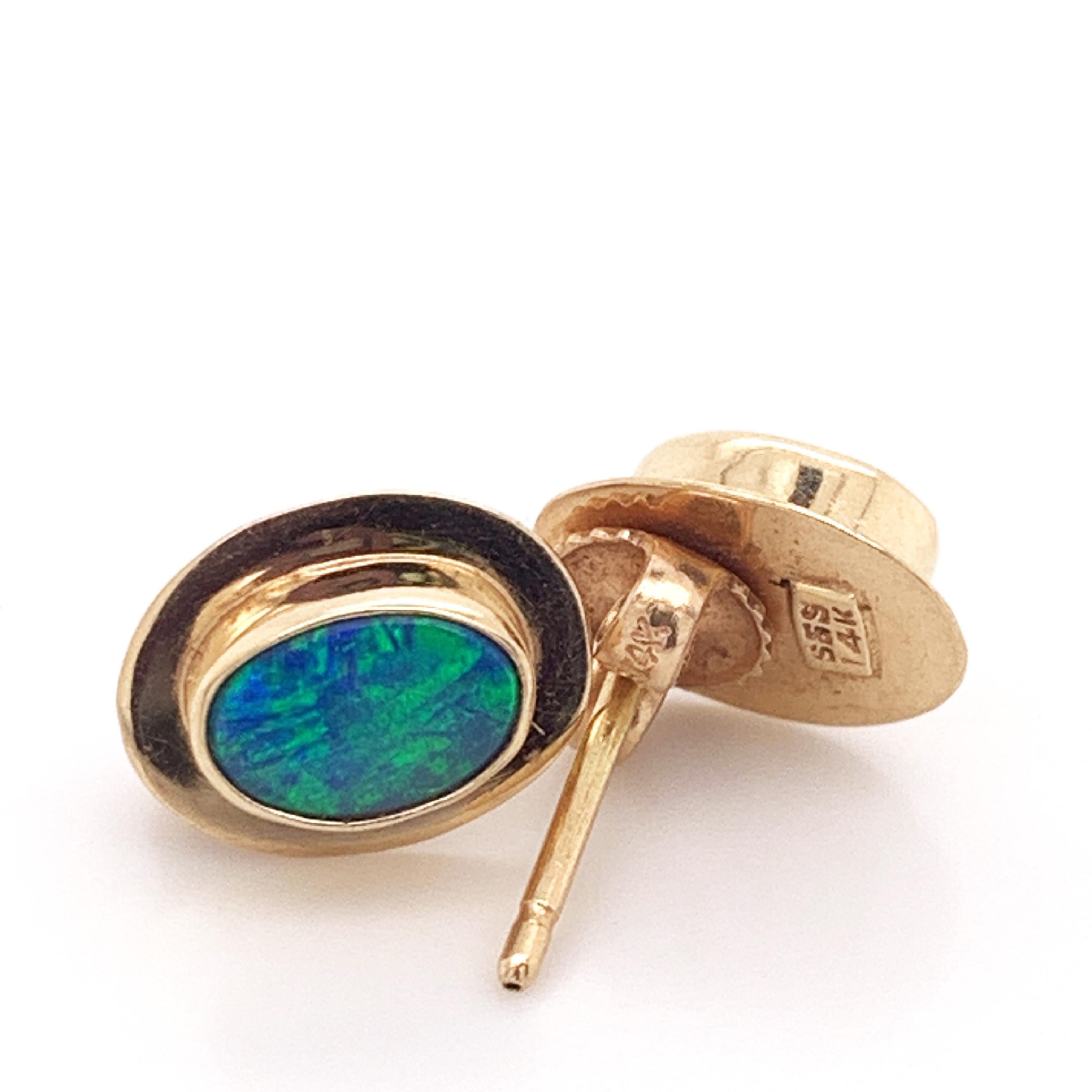 Art Deco Natural Opal Stud Earrings Encased in 14 Karat Yellow Gold Bezels
