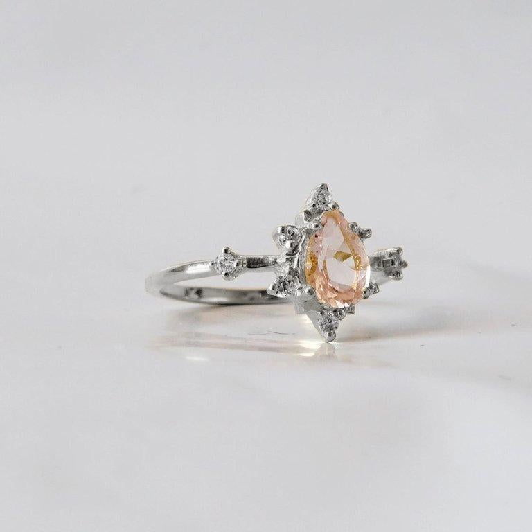 Contemporary Pink Pear Morganite Diamond White Gold Ring For Sale