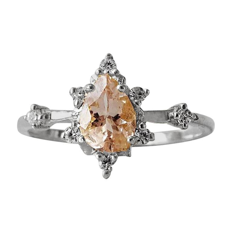 Pink Pear Morganite Diamond White Gold Ring For Sale