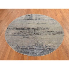 7'x7' Beige-Gray Modern Abstract Design Hand Knotted Wool & Silk Round Rug