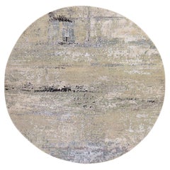 7'x7' Beige-Gray Modern Abstract Design Hand Knotted Wool & Silk Round Rug