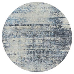 7'x7' Blue Gray Wool & Silk Hand Knotted Abstract Round Oriental Rug