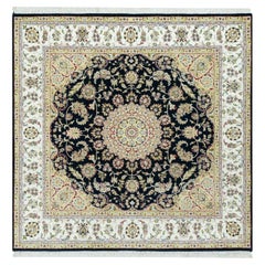 7'x7' Broncos Blue Nain Flower Design Soft Wool Hand Knotted Square Rug
