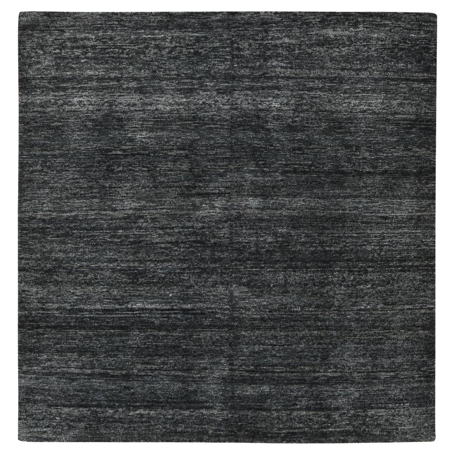 7'x7' Holzkohle Schwarz Moderner Plain Design 100% Seide Handgeknüpfter quadratischer Teppich im Angebot