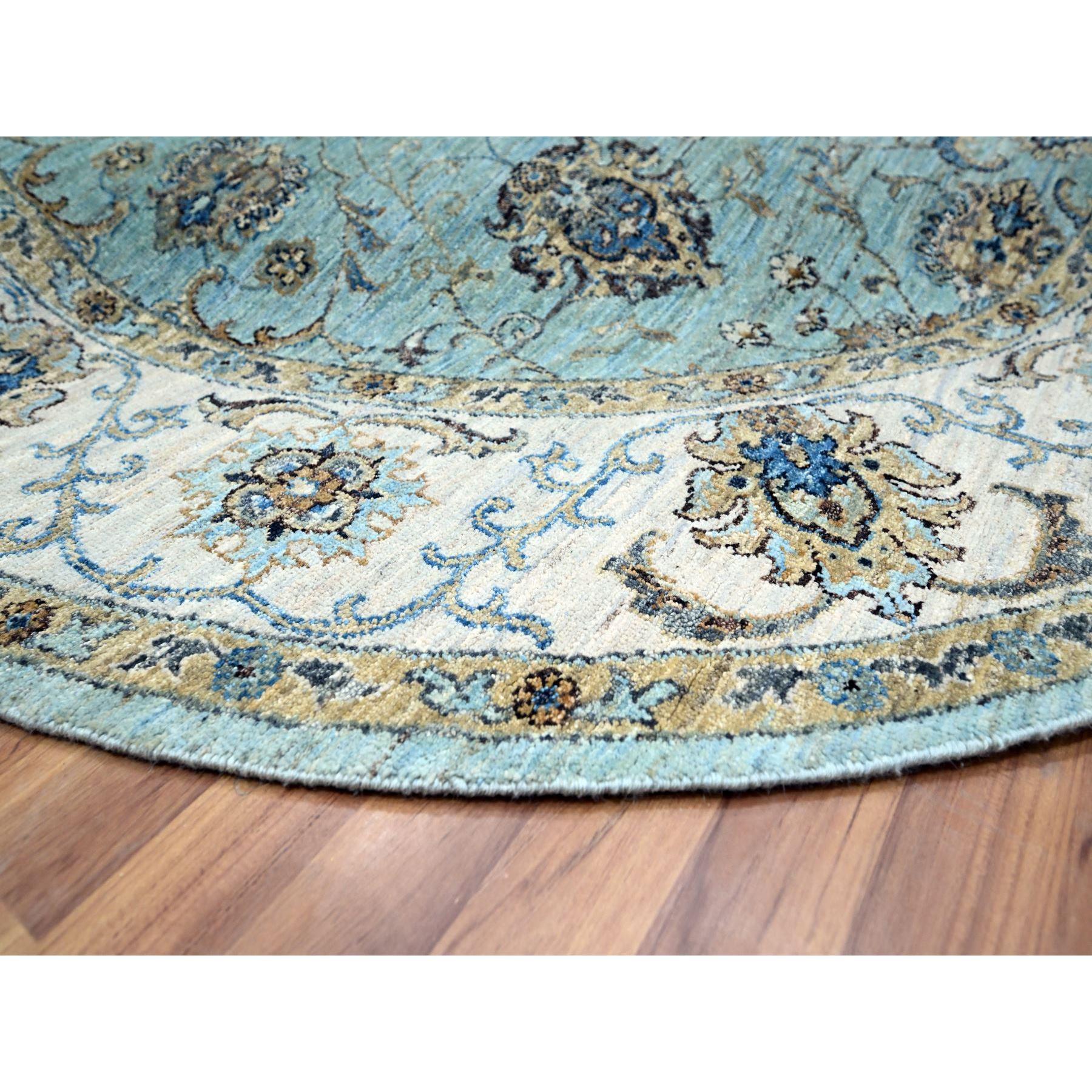 7'x7' Kristallblauer Agra Shah Abbas Vines Design Handgeknüpfter runder Wollteppich (Wolle) im Angebot