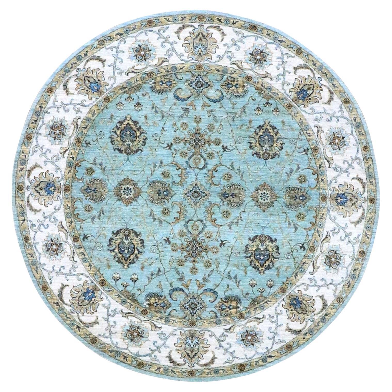 7'x7' Crystal Blue Agra Shah Abbas Vines Design Tappeto rotondo in lana annodato a mano