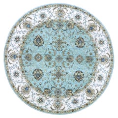 7'x7' Crystal Blue Agra Shah Abbas Vines Design Hand Knotted Wool Round Rug