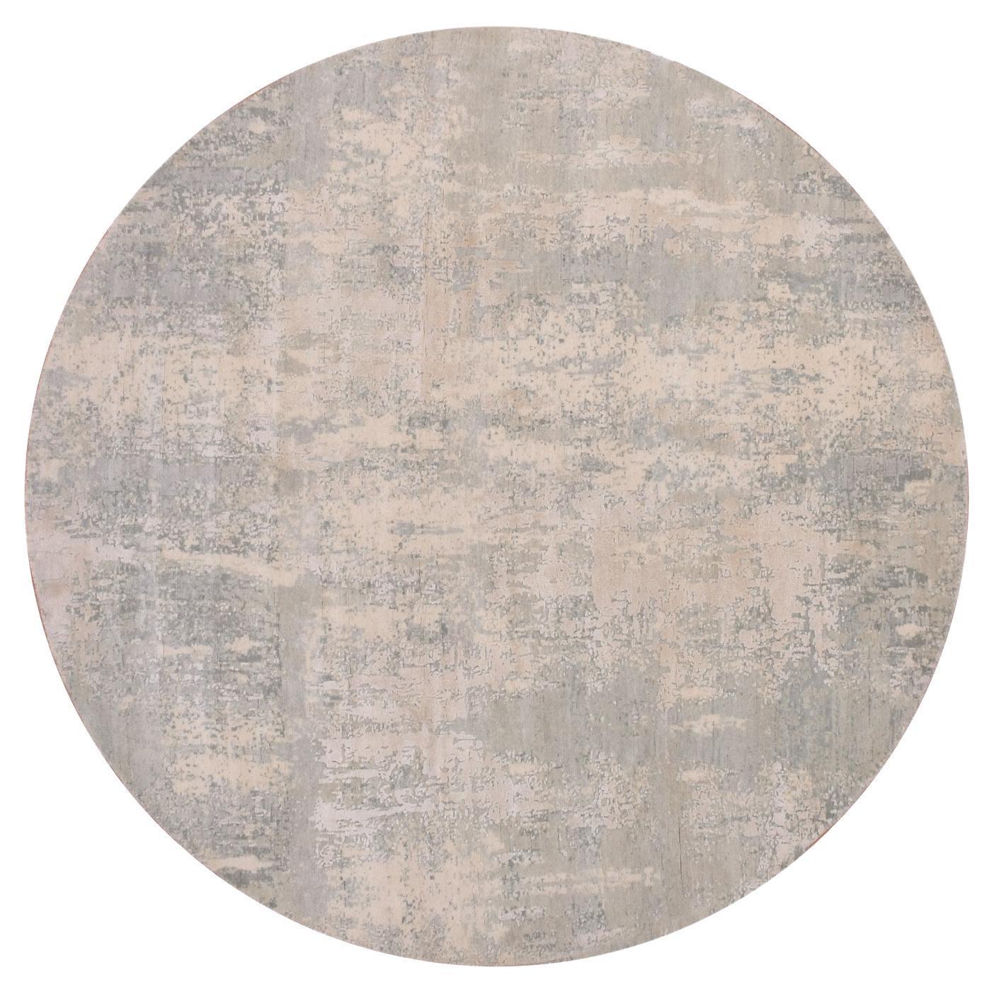 7'x7' Gray Hand Knotted Modern Abstract Pattern Wool and Silk Round Rug