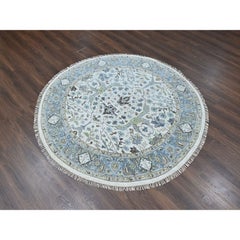 7'x7' Oushak gris avec motifs floraux, tapis oriental rond en laine nouée à la main