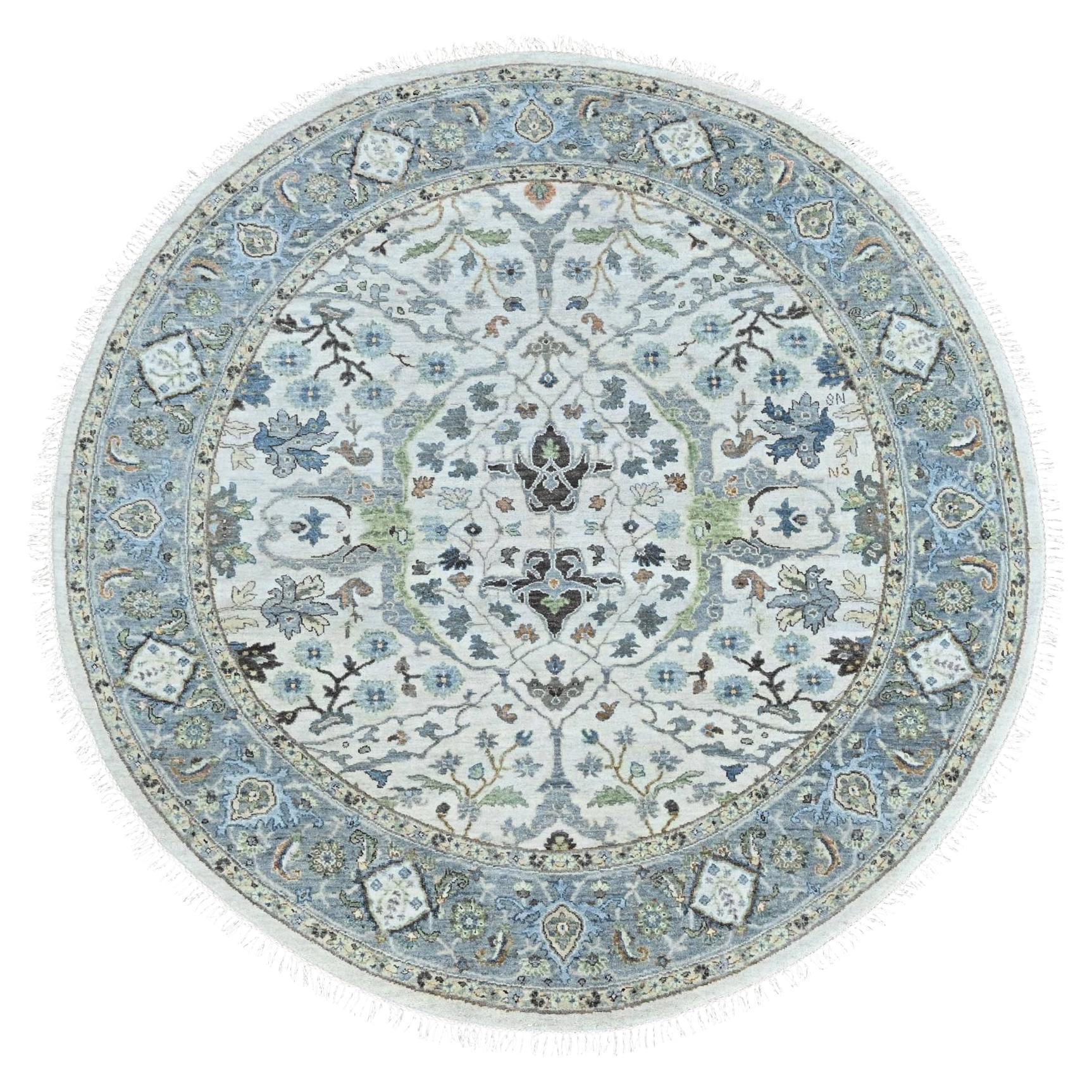7'x7' Gray Oushak with Floral Motifs Hand Knotted Wool Round Oriental Rug