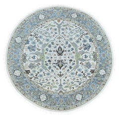 7'x7' Oushak gris avec motifs floraux, tapis oriental rond en laine nouée à la main