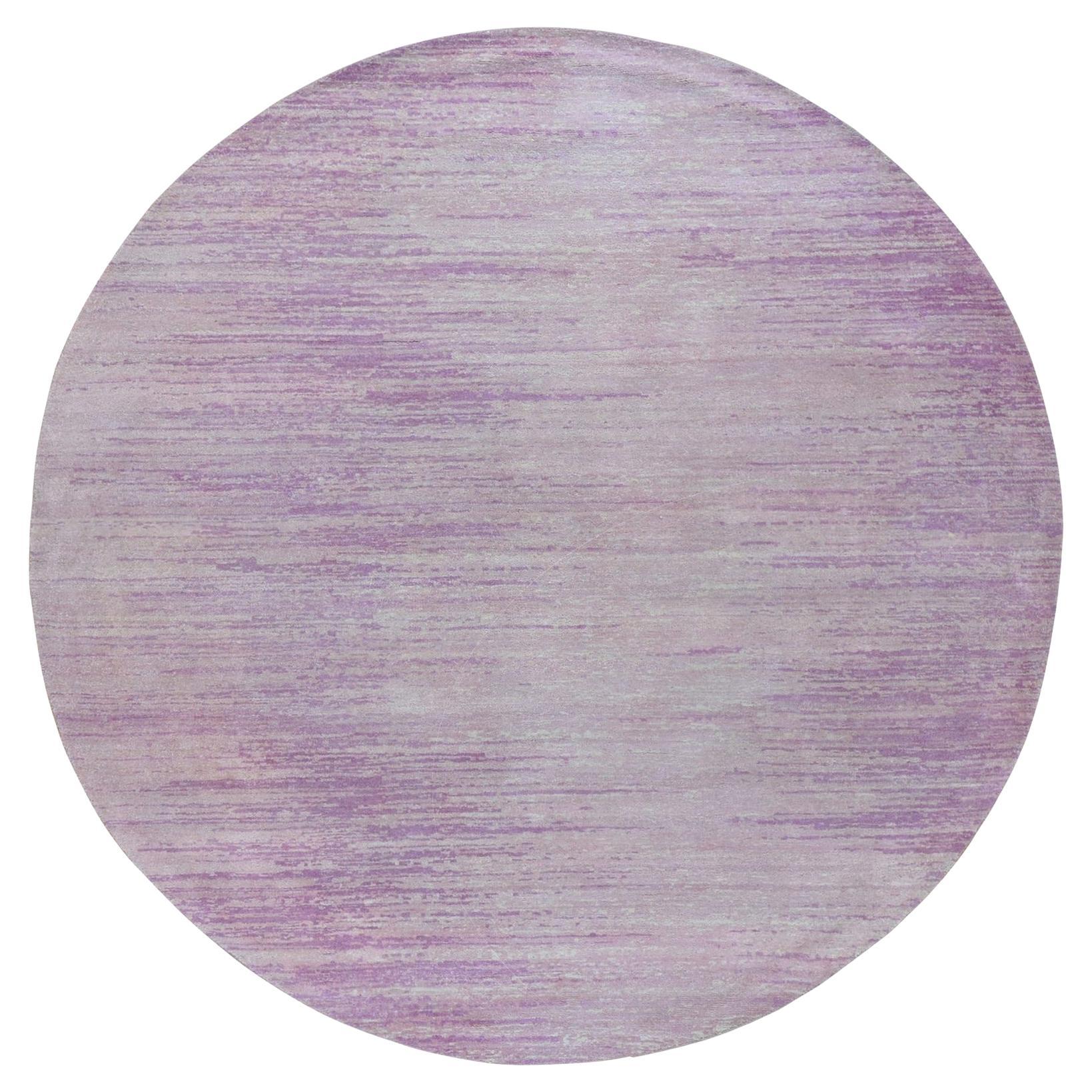 7'x7' Pink Thick and Plush Pure Wool Ombre Design Hand Knotted Round Rug For Sale