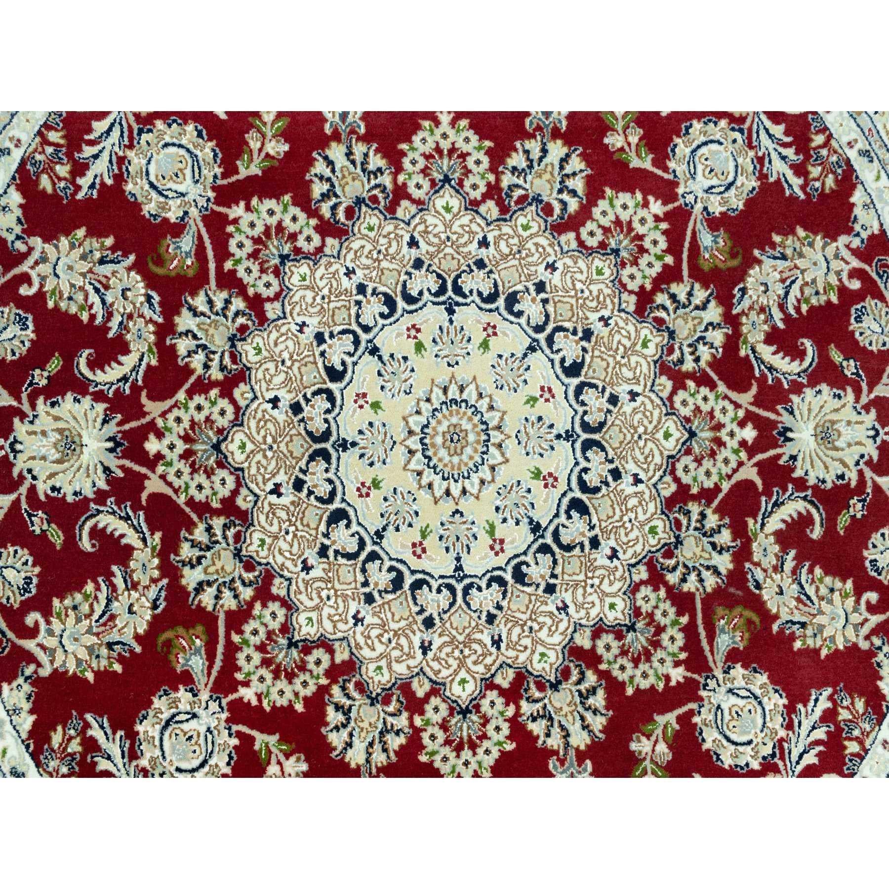 Hand-Knotted 7'x7' Portia Red Hand Knotted Nain 250 KPSI All Wool Oriental Round Rug For Sale