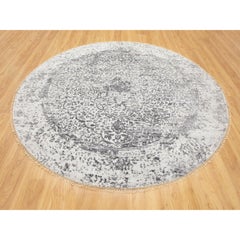 7'x7' Round Broken Persian Design Wool and Pure Silk Hand Knotted Rug