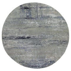 7'x7' Silver Blue Wool & Silk Modern Abstract Design Tappeto annodato a mano