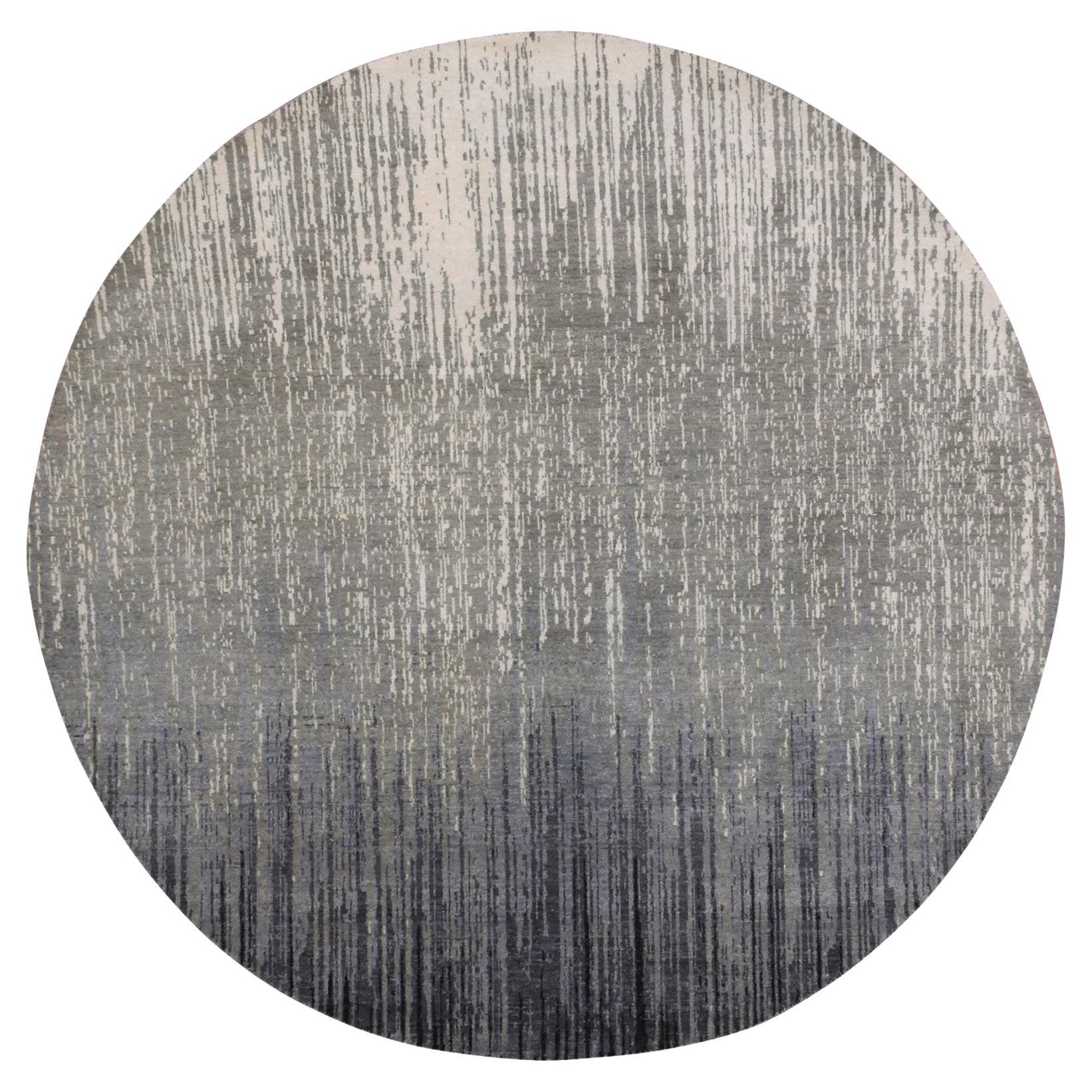7'x7'2" Gris Noué à la main Design Ombre Moderne Laine Ronde Tapis d'Orient