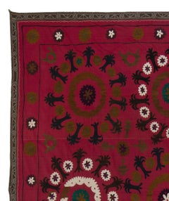 7x7.4 Ft Central Asian Suzani Textile, Embroidered Cotton & Silk Wall Hanging