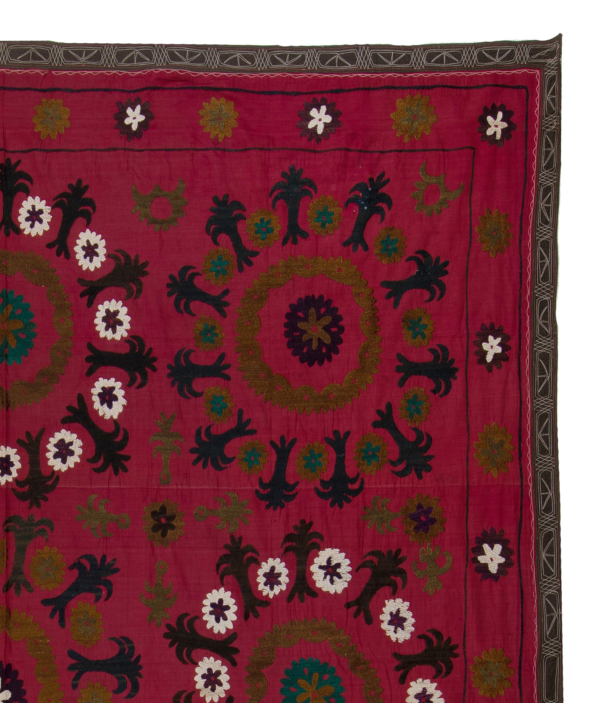 Uzbek 7x7.4 Ft Central Asian Suzani Textile, Embroidered Cotton & Silk Wall Hanging For Sale
