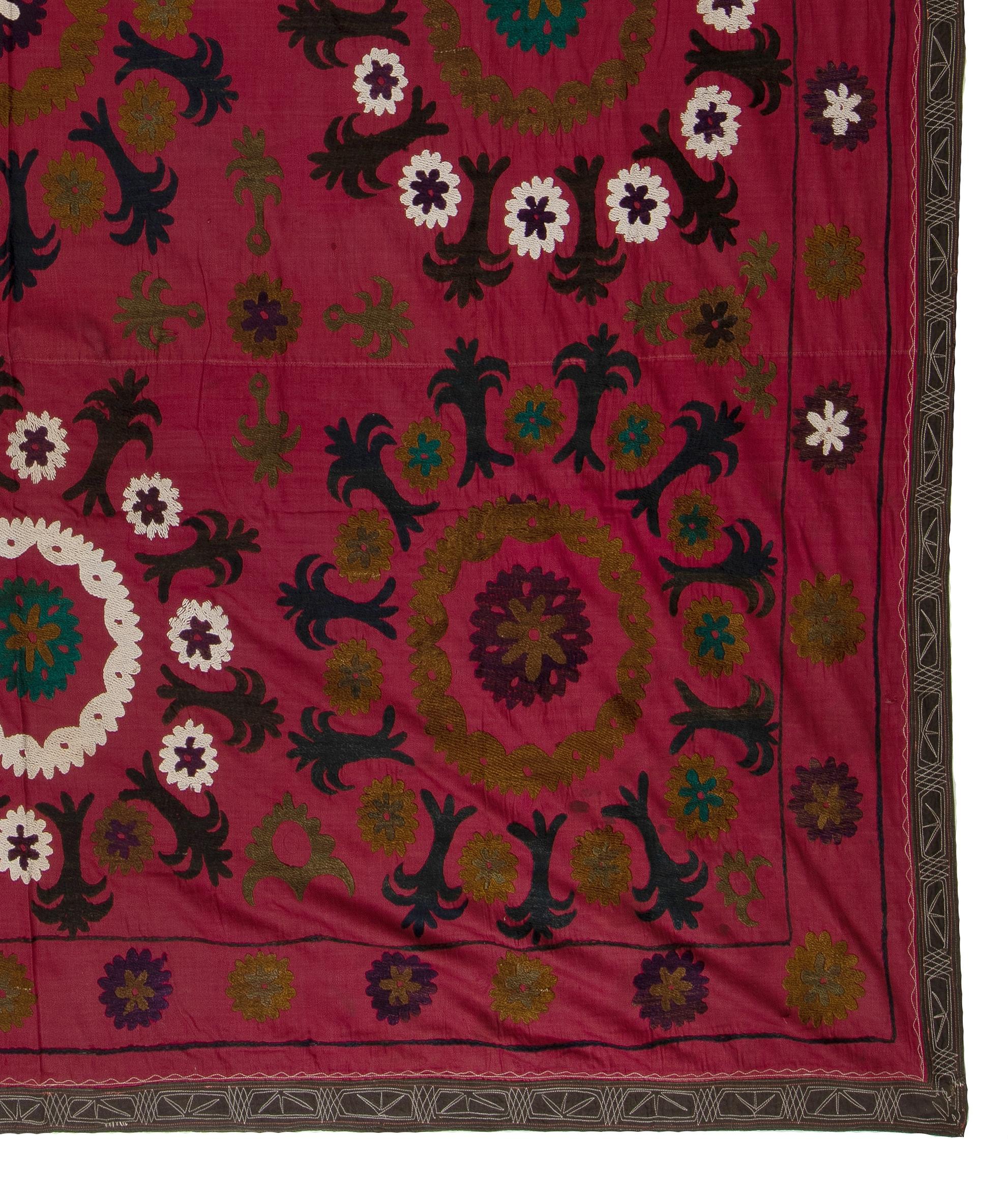 20th Century 7x7.4 Ft Central Asian Suzani Textile, Embroidered Cotton & Silk Wall Hanging For Sale