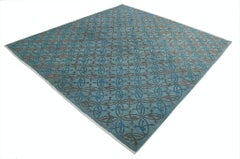 7x7.5 ft Blue Hand Knotted Turkish Square Area Rug for Home Decor. 100% Wool