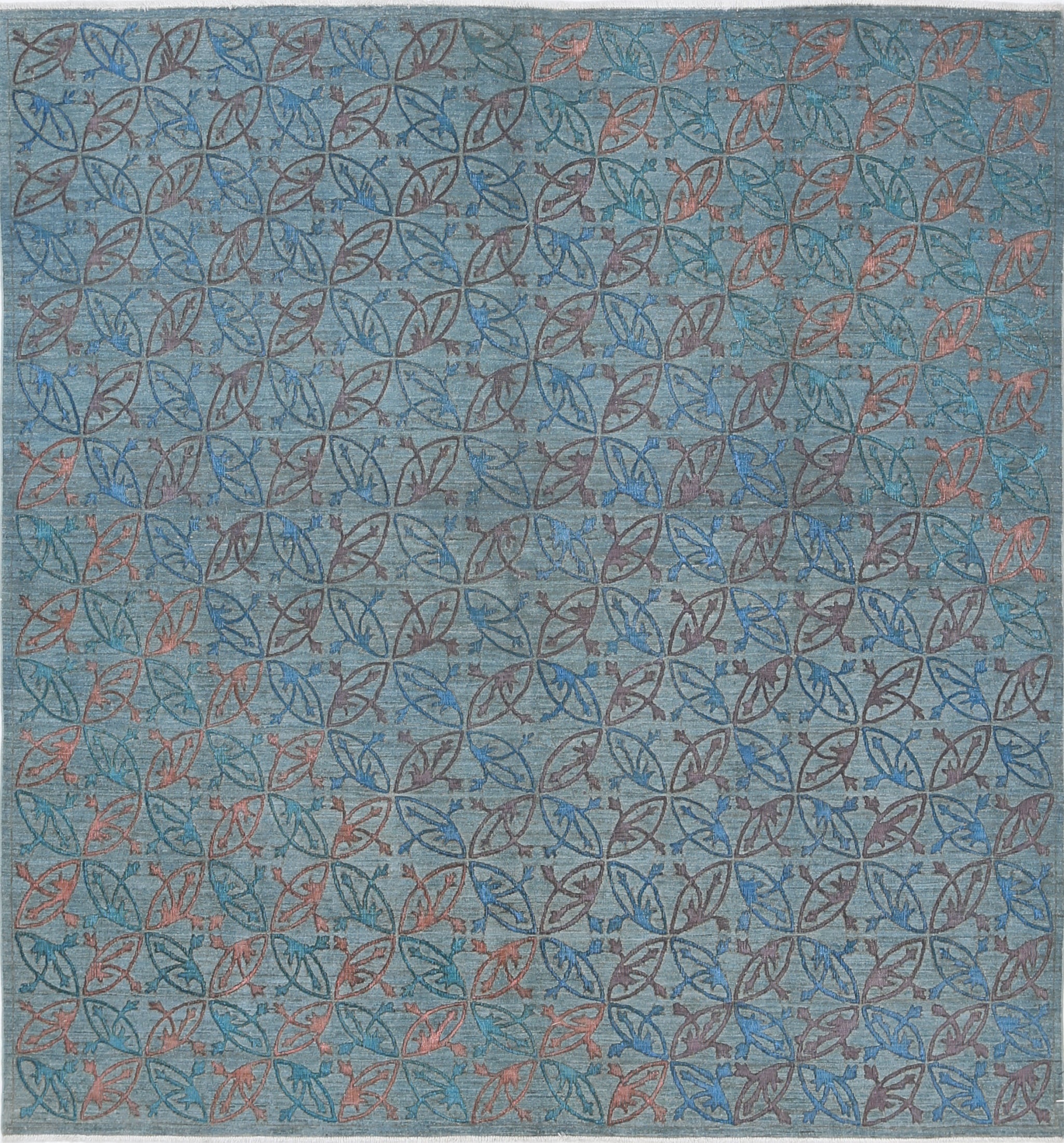 7x7.5 ft Blue Hand Knotted Turkish Square Area Rug for Home Decor. 100% Wool For Sale