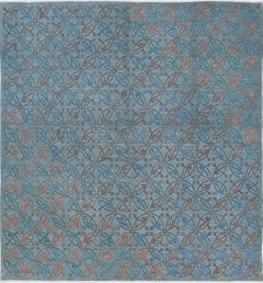 7x7.5 ft Blue Hand Knotted Turkish Square Area Rug for Home Decor. 100% Wool